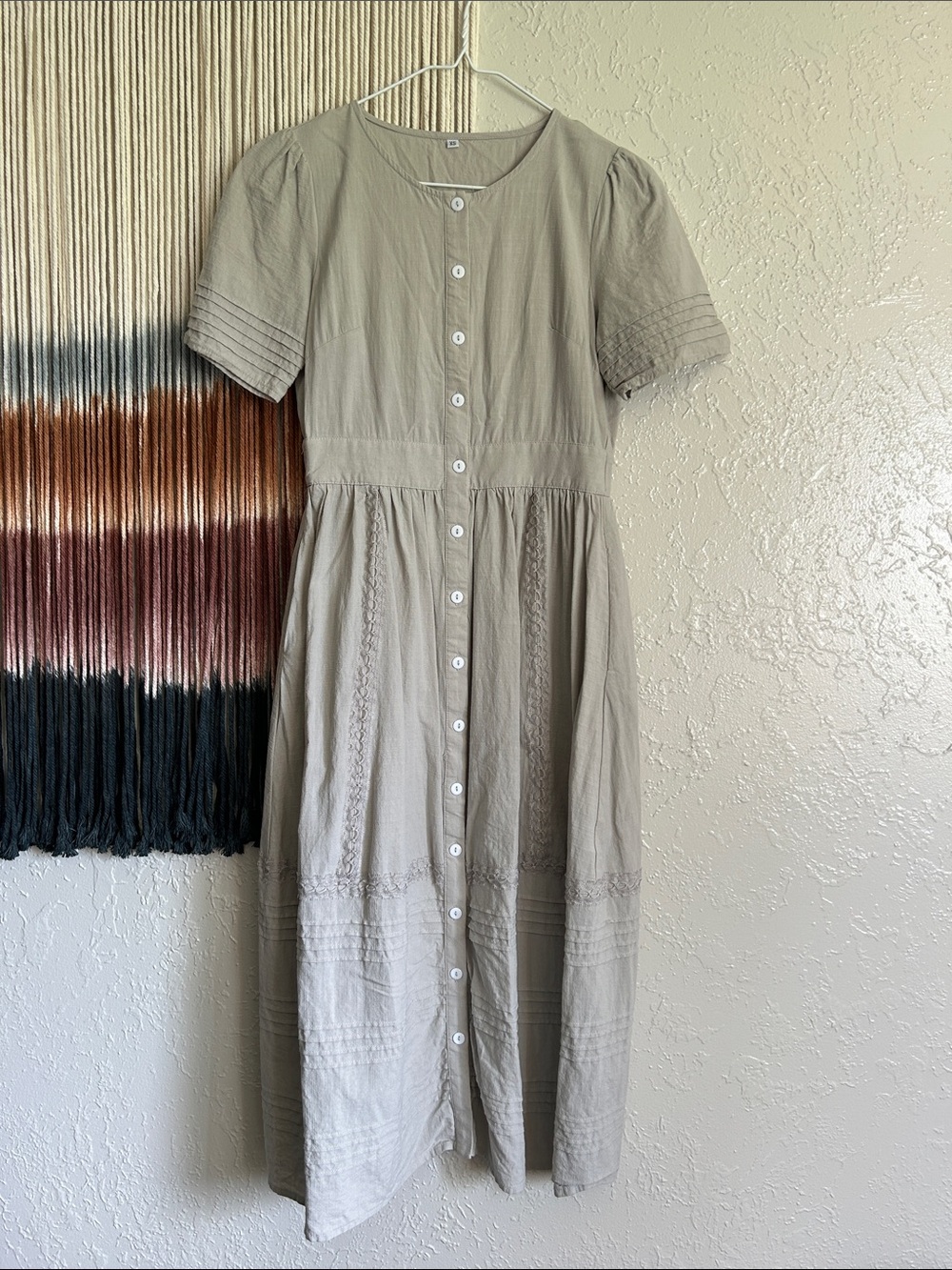 Button-Front Short Sleeve Midi Dress in Light Taupe